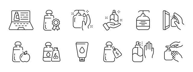 Cosmetics, creams set icon. Online purchase, verified product, hand cream, glass and screen cleaning, natural products, lotions, moisturizers, disinfectant. Vector line icon on white background.