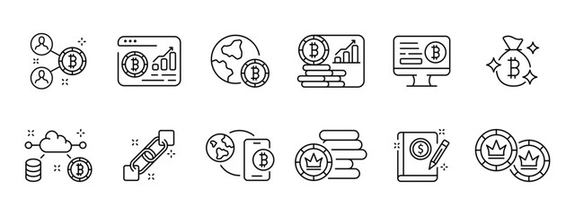 Cryptocurrency set icon. Bitcoin, p2p, world market, investments, growth, articles, earnings, cloud services, protocol, blockchain, payment system, No. 1. Vector line icon on white background.