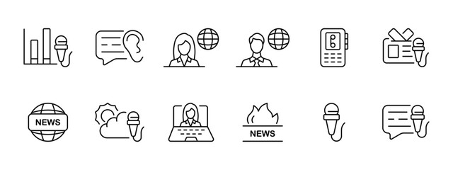 News set icon. Exchange discussion, rumors, presenter and presenter, mp3 player, world news, weather forecast, laptop, hot news, interview, microphone. Press concept. Vector line icon. - obrazy, fototapety, plakaty