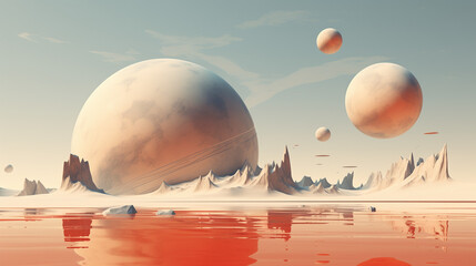 Planets suspended above a body of water, creating a surreal and otherworldly scene, wallpaper