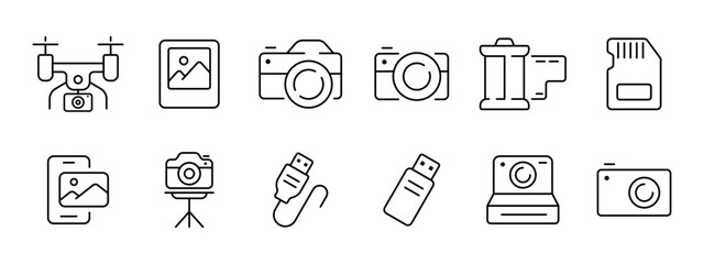 Photo shooting set icon. Drone, modern camera, video camera, film, SD card, memory card, tripod, flash drive, wire, vintage camera, point and shoot camera. Vector line icon on white background.