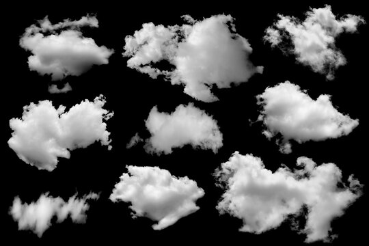 White clouds collection isolated on black background, cloud set on black. fluffy white cloudscape texture. Black sky nature background, cloudy, black and white
