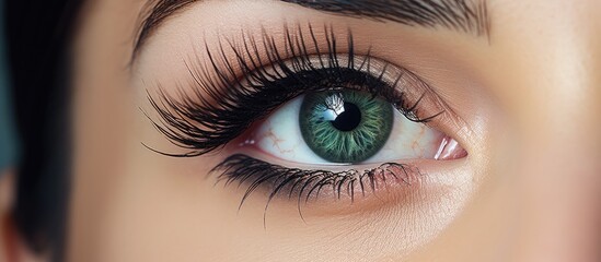 This close-up captures a womans eye with remarkably long lashes, enhanced by the application of mascara for added length and volume. The focus is on the intricate details of the eye and lashes.