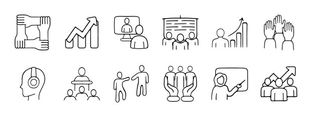 Teamwork set icon. Supporting each other, success, broadcast, joint presentation, way to the top, team, music, leader, help. Concept of team, working together. Vector line icon on white background.