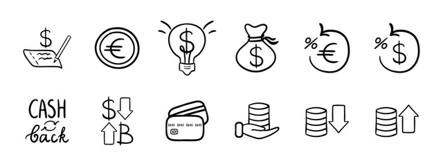 Money set icon. Cash reporting, euros, startups, storing dollars, deposit for different currencies, cashback, exchange for cryptocurrency, card. Account, withdrawal or deposit. Vector line icon.
