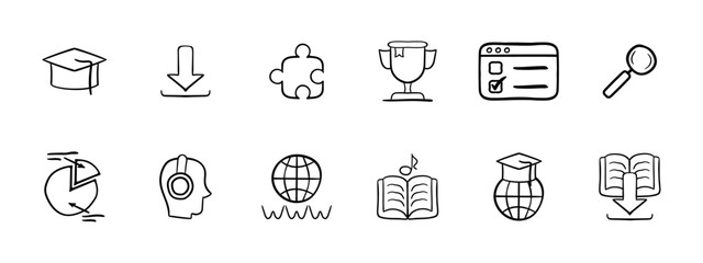 Training set icon. Academic cap, puzzle, download, cup, test, magnifying glass, diagram, music, internet, reading, online learning, e books icons. Online learning concept. Vector line icon.