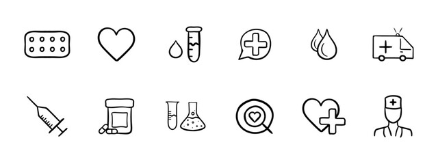 Medicine set icon. Pills, heart, liquid, medical care, ambulance, syringe, pills, solutions, heartbeat, doctor. Medical treatment concept. Vector line icon on white background.