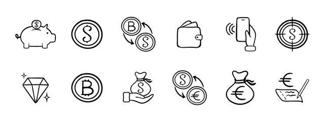 Currency set icon. Storage of money, safety of the dollar, exchange of dollars for bitcoin and vice versa, wallet, jewelry, cryptocurrency, safety of euros, NFC. Bank concept. Vector line icon.