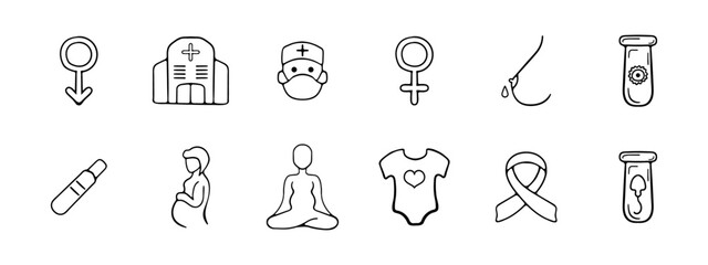 Pregnancy set icon. Boy, hospital obstetrician, girl, breastfeeding, egg, sperm, pregnancy test, pregnant woman, self care. Childbirth concept. Vector line icon on white background.