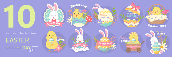 Obraz na płótnie Canvas Happy Easter Set. designs for spring holidays. Cute congratulations with painted easter eggs, rabbits, bunnies, festive cakes. Colored flat vector illustrations