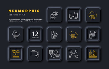 Mining set icon. Cloud, password, protection, bitcoin, flash drive, file, calculator, percentage, profit, configuration, uploading to cloud, connections. Neomorphism style. Vector line icon