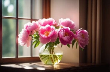 beautiful pink peonies in a vase by the window