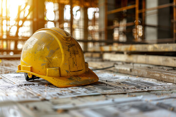 a dirty helmet placed on a work desk with a design plan of the house Including engineering equipment