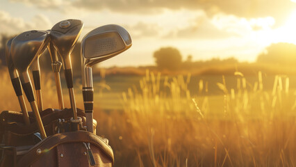 A bag of golf clubs is resting on the grass in a beautiful meadow at sunset, set against a backdrop of colorful clouds in the sky - obrazy, fototapety, plakaty