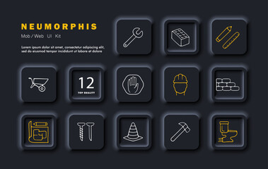 Construction set icon. Wrench, stop sign, brick. pencil, ruler, stroller, plan, cone, hammer, nail, plumbing, worker, wall. Neomorphism style. Vector line icon