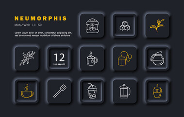 Sugar set icon. Sugar, drink, mug, cup, sugar cubes, leaves, sucrose, vanilla, teapot, glass, spoon, drink, tea bag. Neomorphism style. Vector line icon
