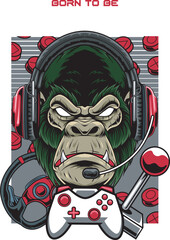 Vector Illustration of Gorilla wearing Headphone, Joystick and Game Steering Wheel with Vintage Hand Drawing Style Available for Tshirt Design