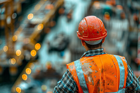 Civil engineer so pround of his construction site, back view, construction site  on background