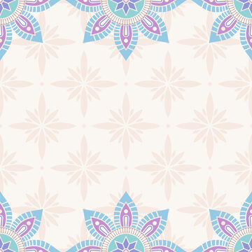 Seamless border pattern with pastel color mandalas. Mandala ornamental borders. Endless texture. Space for text. Vector color manala background.
