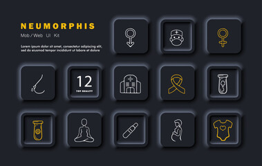 Pregnancy set icon. Boy, hospital obstetrician, girl, breastfeeding, egg, sperm, pregnancy test, pregnant woman, self care. Childbirth concept. Neomorphism style. Vector line icon