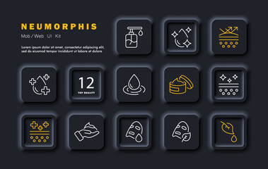 Skincare routine set icon: Protection, SPF sunscreen, hydration, water drop, cure, clean pores, nourishing cream, moisturizer, mask, leaf. Personal care concept. Neomorphism style. Vector line icon