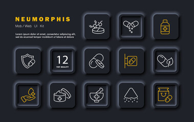 Medicine set icon. Mixture, pill, ecological medicine, storage, health protection, cream, pharmacy. tablets, healthcare. Pharmacy, healthcare concept. Neomorphism style. Vector line icon