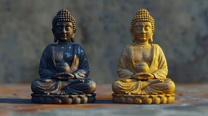 Two Statue of Bouddha, background beliefs of Buddhism, Buddhist Zen Buddhism, Generative AI