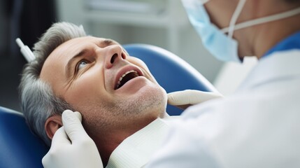 A middle-aged man, a patient in a chair at a dental clinic. Dentist, Orthodontist, Teeth Whitening, Brushing, Braces, Veneers, Caries Treatment, Pulpitis, Periodontitis, Healthcare, Oral Hygiene.