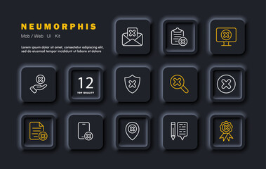 Failure set icon. Blocked sites, files, denial of verification, refusal to send sheets, notepad, refusal to provide services, protection. Neomorphism style. Vector line icon