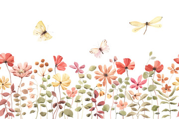 Watercolor horizontal seamless pattern of abstract wildflowers and plants with flying butterflies and dragonfly, isolated floral colored border for wallpapers, cover or floral background, design print