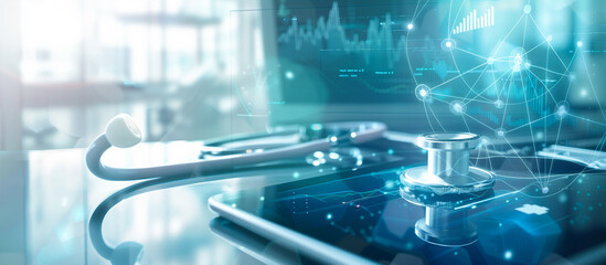 medical with advance technology concept background. tablet and stethoscope at hospital