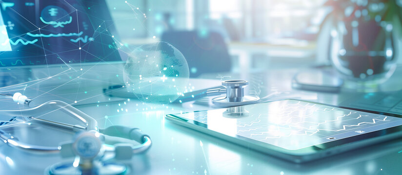 medical with advance technology concept background. tablet and stethoscope at hospital