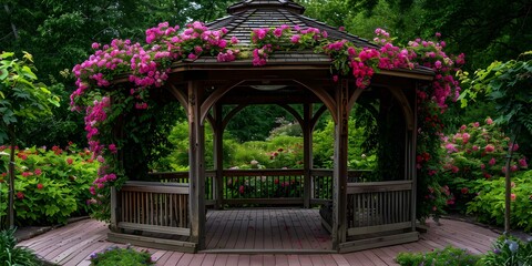 Romantic Garden Gazebo with Flowering Vines . Concept Romantic Garden, Gazebo, Flowering Vines, Outdoor Photoshoot, Love Story