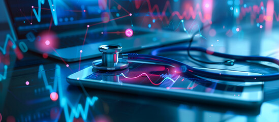 medical with advance technology concept background. tablet and stethoscope at hospital