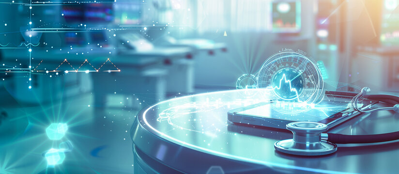 medical with advance technology concept background. tablet and stethoscope at hospital