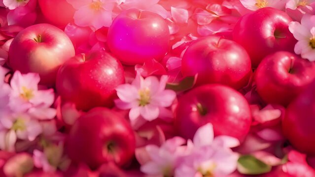The seventh image features a grouping of bright red apples with dainty pink and white flowers interspersed throughout. The apples are so shiny and perfectly shaped that they