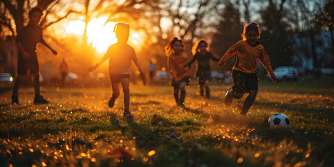 Kids Playing Football on Playing Field at Sunset. Children Playing Soccer Outdoors