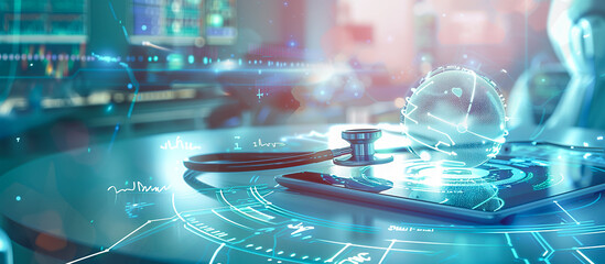 medical with advance technology concept background. tablet and stethoscope at hospital