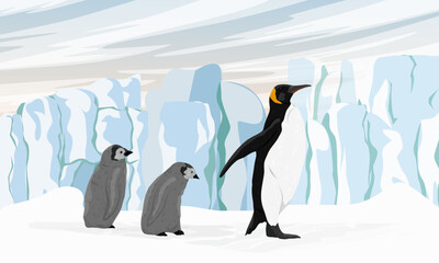 An emperor penguin leads two chicks through the snow near a large glacier. Birds of the South Poles. Realistic vector landscape