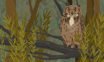 Eagle owl sits on a tree branch in a dense green summer forest. Predatory bird. Realistic vector landscape