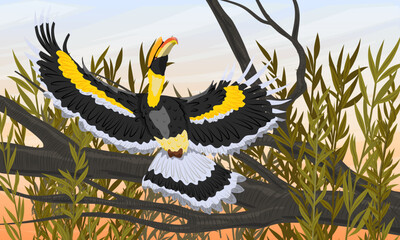 Great hornbill takes off from a tree branch. Tropical bird great Indian hornbill at sunset. Realistic vector landscape