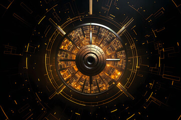 Obraz premium Dramatic perspective of a futuristic, - tunnel with glowing orange lights and intricate patterns, conveying a sense of motion and advanced technology in a dark, tic setting