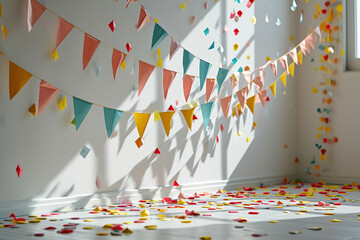 Obraz premium The white wall is decorated with festive garlands with flags. Concept of holiday, fun. Generated by artificial intelligence.