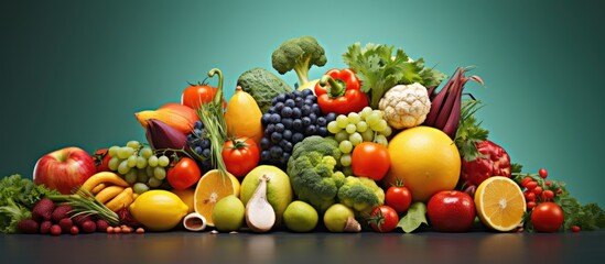 A variety of fresh fruits and vegetables are stacked in a colorful pile on top of a wooden table, showcasing a healthy eating option.