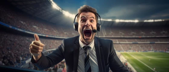 Fotobehang Football commentator with headphones, gesturing excitedly, with a blurred football stadium © Pixel Pine