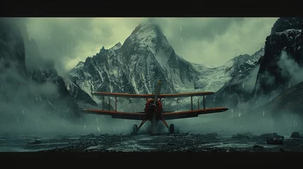 Gordijnen A Red Airplane Flying Over a Mountain © Jūlija