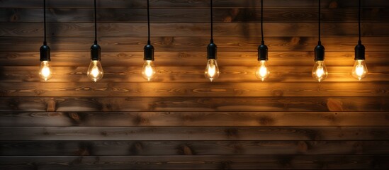 A row of light bulbs of various shapes and sizes hangs from a wooden wall with a black textured ceiling in the background of a studio interior. The bulbs illuminate the space with a warm glow.