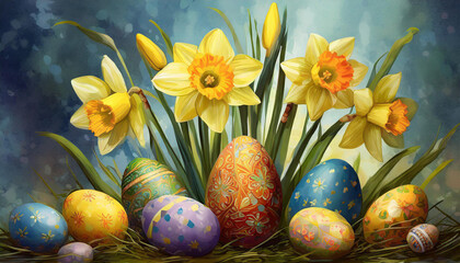 Easter illustration with popular symbols. Eggs decorated in the middle of yellow narcissus flowers stems in a bluish background