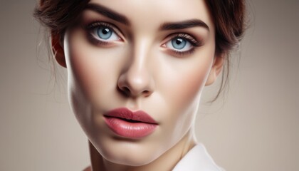 Fototapeta premium a close up of a woman with blue eyes wearing a white shirt and a red tie with her hair in a bun.