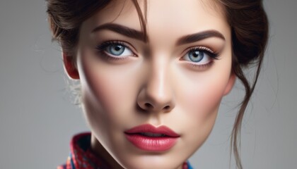  a close up of a woman's face with blue eyes and a red and white scarf around her neck.